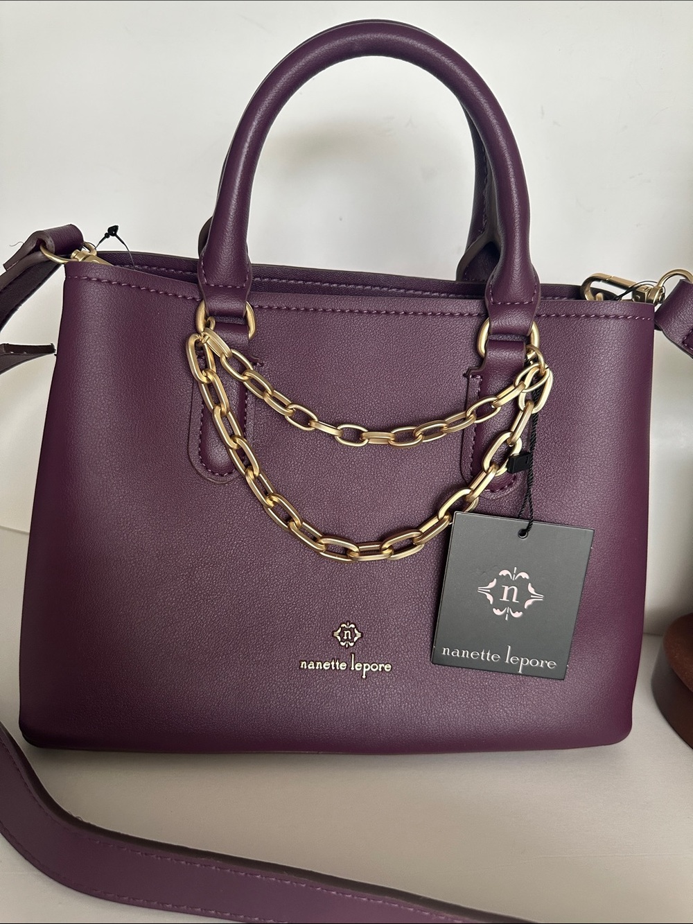 Nanette Lepore Plum Purple Satchel Crossbody Bag  Gold Chain Faux Leather Hanbag